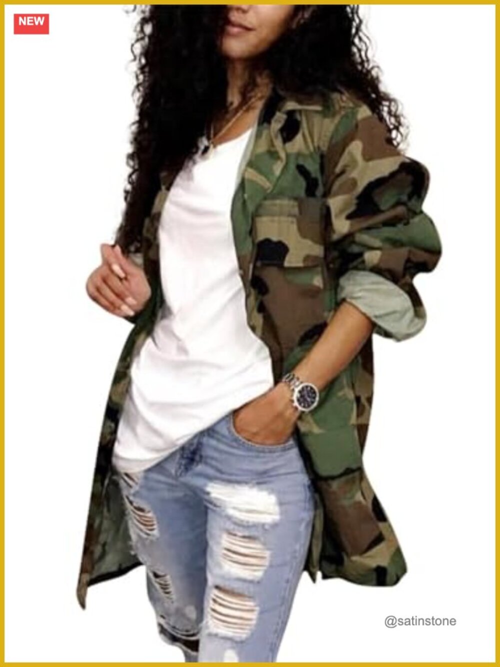 Women's Camouflage Trench Coat Long Sleeve Military Jacket Plus Size